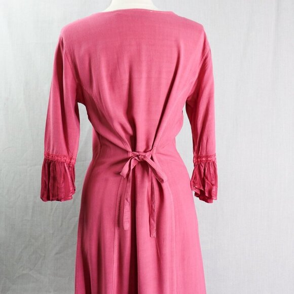 BFA Classic Embroidered Button Front Dress M Boho Fuchsia Rayon Midi Tie Back - Picture 5 of 16